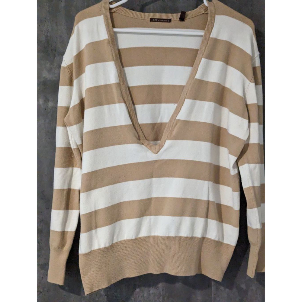 Women's 525 America Striped V-Neck Sweater - Tan and White - Size M